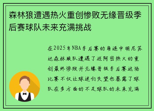 森林狼遭遇热火重创惨败无缘晋级季后赛球队未来充满挑战 森林狼遭遇热火重创惨败无缘晋级季后赛球队未来充满挑战