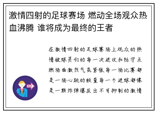 激情四射的足球赛场 燃动全场观众热血沸腾 谁将成为最终的王者