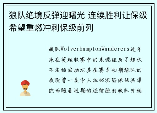 狼队绝境反弹迎曙光 连续胜利让保级希望重燃冲刺保级前列
